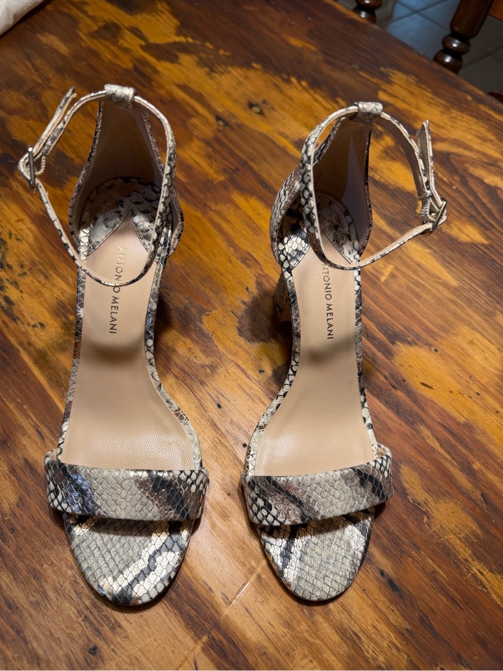 ANTONIO MELANI New Size 6 Snake-Print Beige and Brown Ankle-Strap Sandals